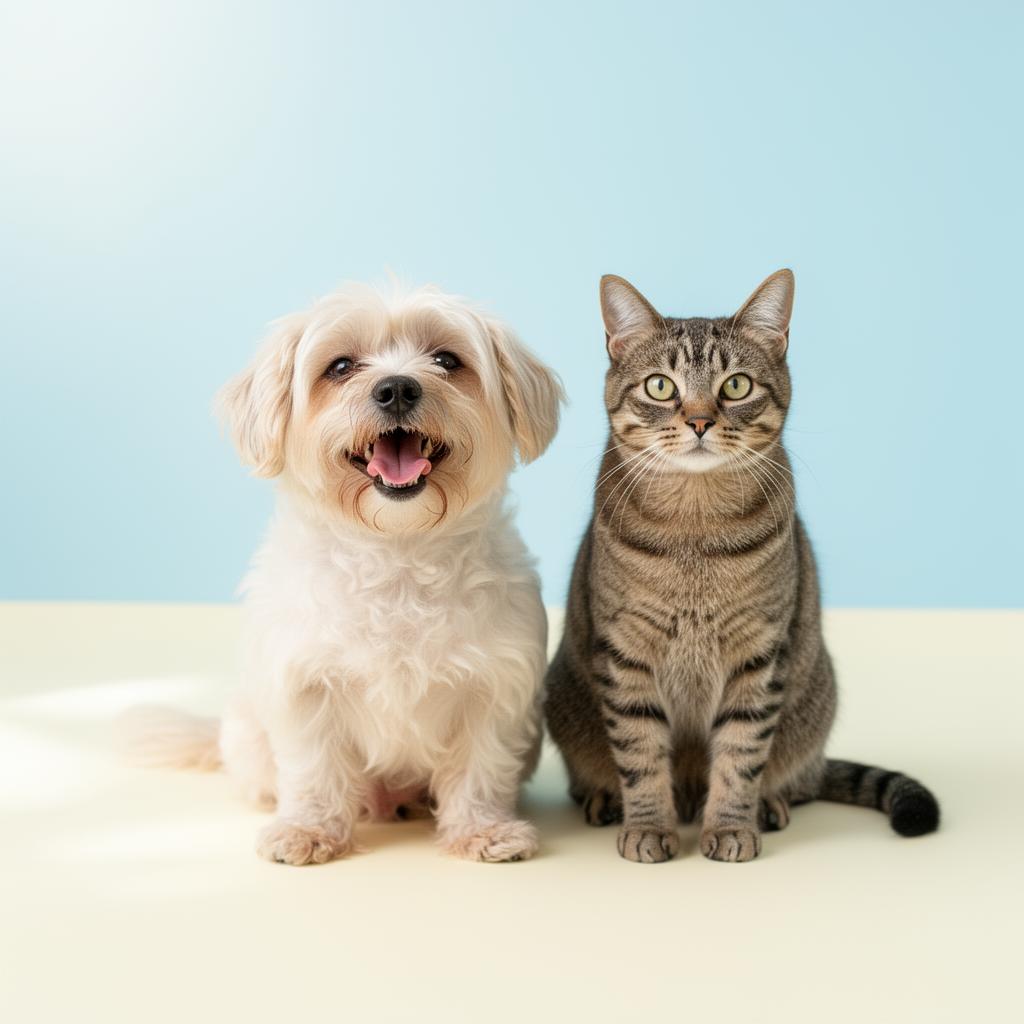 Cachorro e gato felizes lado a lado em fundo azul claro