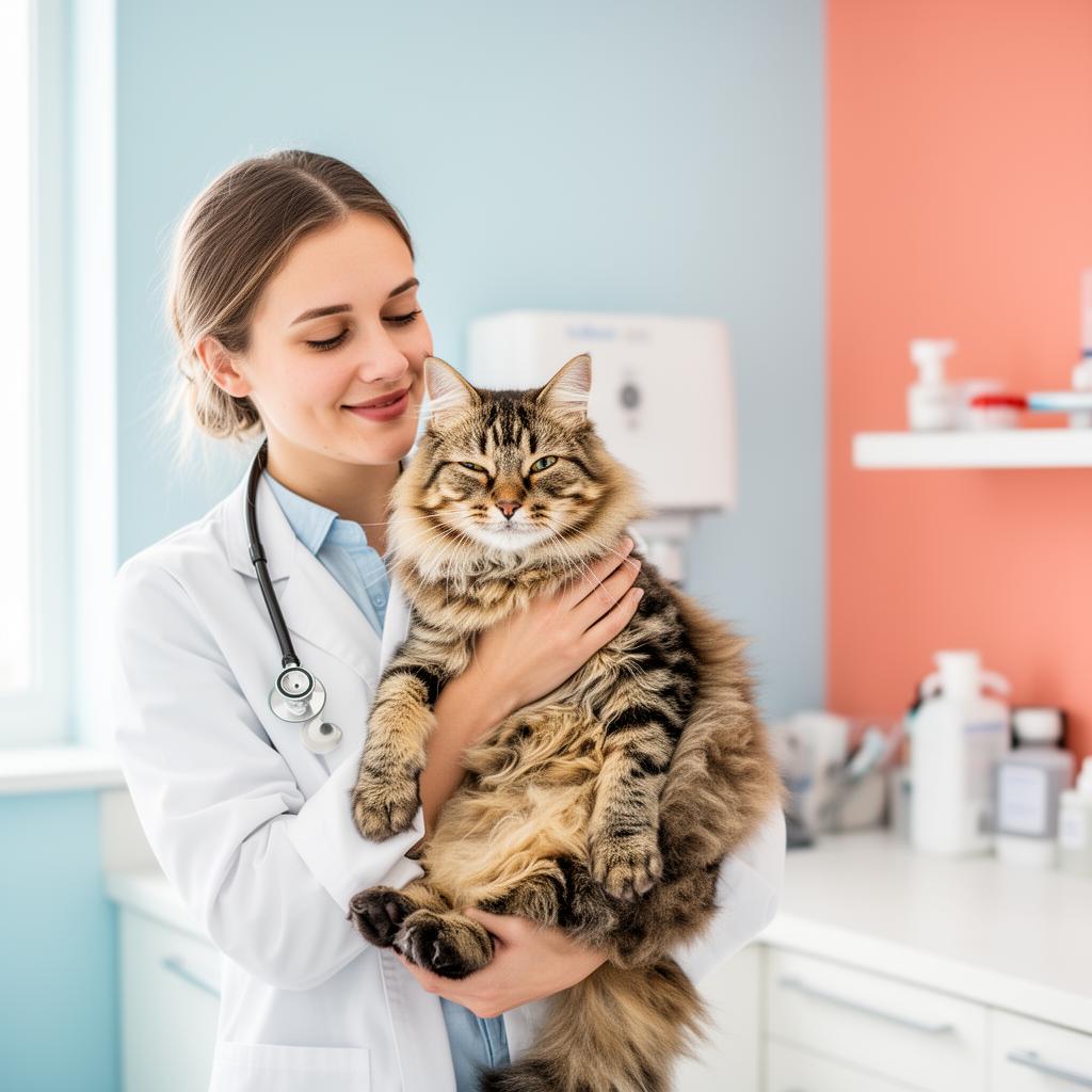 Veterinária acolhendo um gato tranquilo no colo em clínica moderna