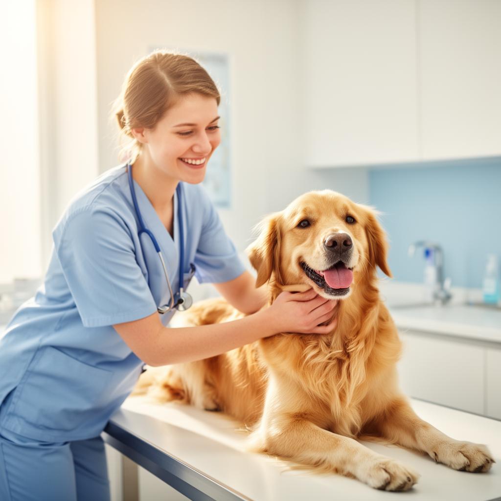 Veterinária sorrindo enquanto examina um cão golden retriever feliz